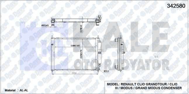 KALE 342580 Su Radyatoru+Klima Radyatoru (Tuplu) Clio Iii-Modus 1.5 Dci (Mek+Ac) (510x382x18+16)
